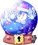  1girl against_glass angry bright_pupils cheek_press commentary english_commentary forehead_jewel fur-trimmed_hat fur_trim giga_mermaid hand_on_glass hands_up hat head_fins in_container keyhole looking_at_viewer mermaid monster_girl no_lineart open_hands pom_pom_(clothes) red_hat santa_hat setz shantae_(series) shell shell_bikini snow_globe techno_baron transparent_background trapped v-shaped_eyebrows white_pupils 