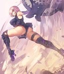  &gt;:( armor armored_boots armored_dress armpits ass bangs bare_shoulders black_panties boots breasts commentary_request dress elbow_gloves eyebrows_visible_through_hair eyes_visible_through_hair fate/grand_order fate_(series) from_side frown gloves hair_over_one_eye high_heel_boots high_heels large_breasts lavender_eyes lavender_hair legs looking_away mash_kyrielight melon22 panties parted_lips purple_gloves shield short_dress solo thick_thighs thigh_strap thighs underwear v-shaped_eyebrows 