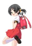  :d backpack bag black_hair blush brown_eyes child collared_shirt dress eyelashes from_side hair_bobbles hair_ornament highres instrument kaai_yuki kneehighs leg_up looking_at_viewer looking_back low_twintails mary_janes official_art open_mouth pinafore_dress promotional_art puffy_short_sleeves puffy_sleeves randoseru recorder shirt shoes short_hair short_sleeves smile socks solo tareme teeth transparent_background twintails umetani_tarou vocaloid white_legwear 