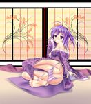 ahoge anus ass japanese_clothes kimono long_hair one_side_up original panties panties_removed purple_eyes purple_hair sash side_ponytail solo striped striped_panties underwear yukata zi_se 