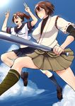  arms_up bare_legs baseball_bat bifidus blue_sky breasts brown_eyes brown_hair cloud commentary_request cosplay day double_v fubuki_(kantai_collection) fubuki_(kantai_collection)_(cosplay) hair_ribbon hyuuga_(kantai_collection) ise_(kantai_collection) japanese_clothes jumping kantai_collection large_breasts midriff multiple_girls navel open_mouth pleated_skirt ponytail ribbon sailor_collar school_uniform serafuku shoes short_hair short_sleeves skirt sky smile undershirt v 