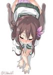  all_fours ass bangs blush breath brown_hair brown_legwear closed_eyes closed_mouth crossed_arms ebifurya eyebrows_visible_through_hair facing_viewer from_above full_body green_skirt hair_between_eyes hair_ornament highres implied_sex kantai_collection kisaragi_(kantai_collection) long_hair no_shoes panties panties_aside pink_panties pleated_skirt school_uniform serafuku shadow short_sleeves sidelocks simple_background skirt solo thighhighs twitter_username underwear white_background 