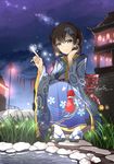  black_hair blue_eyes bug butterfly chin_rest einess festival fireflies flower geta hair_flower hair_ornament highres insect japanese_clothes kimono looking_at_viewer night pouch puddle short_hair solo squatting tabi tian_tian_meng_wuyu yukata 