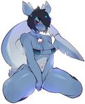 2016 anthro bikini black_hair blue_skin blush breasts claws clothing fangs female fish hair hindpaw jewelry kneeling looking_at_viewer marine navel necklace paws red_eyes shark shell short_hair simple_background sitting solo swimsuit teeth thick_thighs venusflowerart white_background 