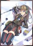  artist_request blue_eyes brown_gloves brown_hair carisa_contzen gloves long_hair lowres lying on_back open_mouth pleated_skirt senjou_no_valkyria senjou_no_valkyria_3 skirt sky snow solo thighhighs 