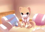  alarm_clock alternate_version_available ambiguous_gender bed blush brown_eyes brown_fur canine clock clothing covering covering_self dog fur legwear looking_at_viewer mammal moki nightgown pillow socks solo 