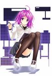  ahoge black_legwear black_skirt eyebrows_visible_through_hair holding holding_pen long_hair looking_at_viewer original pen pleated_skirt purple_eyes purple_hair shiny shiny_skin skirt solo thighhighs zi_se 