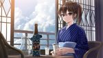  bottle brown_eyes brown_hair calpis chair cloud cloudy_sky cup day drinking_glass japanese_clothes jewelry jug kaga_(kantai_collection) kantai_collection kimono looking_at_viewer obi ring sash short_hair side_ponytail sitting sky sliding_doors smile solo table upper_body wedding_band yahako 