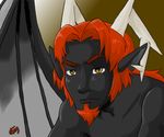  2009 bare_chest black_skin dragon facial_hair gusana hair horn humanoid looking_at_viewer male membranous_wings pointy_ears red_hair short_hair simple_background wings yellow_eyes 