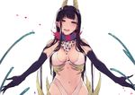  ane_naru_mono black_hair blush breasts chiyo_(ane_naru_mono) demon_girl elbow_gloves eyeball gloves horns large_breasts long_hair looking_at_viewer navel open_mouth outstretched_arms pochi_(pochi-goya) purple_eyes smile solo spread_arms tentacles upper_body very_long_hair white_background 