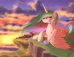  2015 beverage cloud cup cutie_mark equine feathers friendship_is_magic fur hair horn jewelry land mammal mountain multicolored_hair multicolored_tail my_little_pony paradigmpizza plate princess_celestia_(mlp) purple_eyes sky smile solo sparkles sun sunset tea tree water white_feathers white_fur winged_unicorn wings 