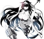  breasts cleavage curvy demon_girl glaring habit highres horns jitome large_breasts long_hair mole mole_under_eye monochrome navel nito_(siccarol) nun original simple_background solo succubus thick_thighs thighs very_long_hair white_background wide_hips 