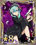  black_dress blue_eyes blue_hair card_(medium) dress glock gothic_lolita gun hair_between_eyes hair_ornament hair_ribbon hairband hairclip handgun holding holding_gun holding_weapon lolita_fashion lolita_hairband looking_at_viewer number official_art one_knee red_ribbon ribbon short_hair_with_long_locks sidelocks sinon smile solo star sword_art_online sword_art_online:_code_register weapon white_feathers 