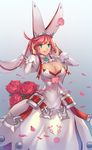  :q bangs blue_eyes breasts cleavage cleavage_cutout clover dress earrings elphelt_valentine flower four-leaf_clover guilty_gear guilty_gear_xrd hairband jewelry juliet_sleeves large_breasts long_sleeves looking_at_viewer maekawa_yuichi petals pink_hair puffy_sleeves red_flower red_rose rose rose_petals short_hair smile solo spikes standing swept_bangs tongue tongue_out veil white_dress 