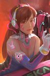  adapted_costume against_mecha animal_print backlighting bangs bare_shoulders bodysuit bracer breasts brown_eyes brown_hair bunny_print character_name cleavage clothes_writing d.va_(overwatch) detached_sleeves elbow_gloves facepaint facial_mark finger_on_trigger gloves gun hand_up handgun headphones holding holding_gun holding_weapon hose leaning_forward leaning_on_object lipstick long_hair looking_at_viewer makeup md5_mismatch mecha meka_(overwatch) mu_ye_jun nose overwatch parted_lips pilot_suit pink_lips pink_lipstick pistol purple_gloves realistic ribbed_bodysuit shoulder_pads skin_tight sleeveless small_breasts smile solo sticker strap swept_bangs turtleneck upper_body weapon whisker_markings white_gloves 