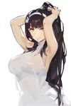  adjusting_hair armpits arms_up black_hair breasts bullpup girls_frontline hairband kishiyo large_breasts long_hair looking_at_viewer md5_mismatch qbz-95_(girls_frontline) simple_background sleeveless smile solo very_long_hair white_background white_hairband yellow_eyes 
