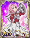  breastplate card_(medium) hair_ornament hairclip holding holding_weapon leg_up lisbeth lisbeth_(sao-alo) looking_at_viewer number official_art pink_hair pointy_ears red_eyes shield short_hair smile solo star sword_art_online sword_art_online:_code_register v weapon 