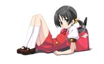  ascot backpack bag black_hair blush brown_eyes child clenched_hand collared_shirt dress full_body hair_bobbles hair_ornament highres instrument kaai_yuki leaning_back leaning_on_object legs_together looking_at_viewer low_twintails mary_janes official_art pinafore_dress promotional_art puffy_short_sleeves puffy_sleeves randoseru recorder shadow shiny shiny_hair shirt shoes short_hair short_sleeves simple_background socks solo tareme thighs triangle_mouth twintails umetani_tarou vocaloid white_background 