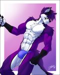  2016 5_fingers abs anthro biceps biped black_claws black_fur black_hair black_markings black_nose black_tail blue_bottomwear blue_clothing border bulge canine chest_tuft claws clothed clothing digital_media_(artwork) facial_markings feralise fingerless_(marking) fluffy fluffy_tail folf fox fur gloves_(marking) gradient_background hair hybrid inner_ear_fluff looking_at_viewer male mammal markings multicolored_fur multicolored_hair multicolored_tail muscular muscular_male nipples outside_border pecs pinup portrait pose purple_eyes purple_fur purple_hair purple_tail shyloc signature simple_background snout solo speedo swimsuit three-quarter_portrait topless tuft two_tone_hair white_border white_fur white_nipples white_tail wolf 