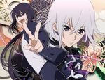  2boys ahoge black_hair flower honebami_toushirou male_focus multiple_boys namazuo_toushirou open_mouth petals ponytail purple_eyes sayagata smile spider_lily touken_ranbu upper_body v white_hair 