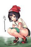  bag bangs beanie black_hair blue_eyes blunt_bangs blush breasts hat highres knees_together_feet_apart metaring mizuki_(pokemon) open_mouth panties panty_pull pee peeing pokemon pokemon_(game) pokemon_sm red_hat shirt shoes short_hair shorts shorts_pull small_breasts sneakers solo squatting t-shirt underwear white_panties wide_sleeves 