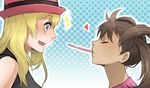  blonde_hair brown_hair dark_skin eyes_closed hat heart pocky_game pokemon pokemon_(game) quad_tails sana_(pokemon) serena_(pokemon) shirt size_difference surprised yuri 