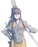 armor artist_name blue_hair fire_emblem fire_emblem_if hand_on_hip japanese_clothes long_hair looking_at_viewer muted_color naginata oboro_(fire_emblem_if) polearm ponytail scowl solo ticcy weapon 