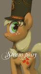  2016 applejack_(mlp) blonde_hair blush ciyuunhe cutie_mark earth_pony english_text equine female feral freckles friendship_is_magic fur green_eyes grey_background hair hat horse looking_at_viewer looking_back mammal my_little_pony orange_fur pony simple_background solo text 