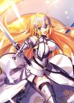  black_legwear blonde_hair blue_eyes breasts fate/apocrypha fate/grand_order fate_(series) fuyuki_(neigedhiver) gauntlets greaves helmet high_heels highres holding holding_sword holding_weapon jeanne_d'arc_(fate) jeanne_d'arc_(fate)_(all) large_breasts long_hair open_mouth solo sword thighhighs weapon 