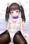  ass_visible_through_thighs bare_shoulders blue_eyes brave_witches breasts brown_hair covered_navel detached_collar doyouwantto georgette_lemare kittysuit leotard looking_at_viewer lying pantyhose small_breasts solo spread_legs twintails world_witches_series wrist_cuffs 