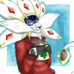  2016 anthro anthrofied blue_background blue_body blue_eyes border christmas clothed clothing cup english_text fur hair holidays hot_cocoa looking_at_viewer male nintendo pok&eacute;mon pok&eacute;morph red_body signature simple_background skunkyness smile solgaleo solo text tree tuft video_games white_border white_fur white_hair yellow_body 