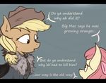  2015 apple_bloom_(mlp) applejack_(mlp) blonde_hair clothed clothing cowboy_hat dialogue duo earth_pony english_text equine female feral friendship_is_magic fur grey_background hair hair_bow hair_ribbon hat horse mammal my_little_pony ponegranate pony red_hair ribbons sibling simple_background sisters text yellow_fur 
