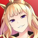  aa-rance bangs blonde_hair blue_eyes cagliostro_(granblue_fantasy) close-up doyagao eyebrows_visible_through_hair gradient gradient_background granblue_fantasy grin half-closed_eyes headpiece long_hair looking_at_viewer parted_lips portrait red_background smile smug solo teeth 