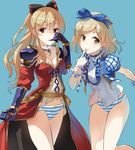  blonde_hair bow djeeta_(granblue_fantasy) dress finger_to_mouth gauntlets gloves granblue_fantasy hair_bow kimi_to_boku_no_mirai long_hair multiple_girls naruse_chisato panties pauldrons ponytail short_hair striped striped_panties underwear vira_lilie 