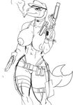  abs anthro areola big_breasts breasts cigarette clothed clothing female gun handgun hat lizard looking_at_viewer nipples pistol ranged_weapon rastaban reptile rifle scalie smile solo standing topless weapon wide_hips 