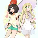  :d :o aqua_eyes bangs bare_arms black_hair blonde_hair blunt_bangs blush bracelet braid chiimako collarbone collared_dress dress eyebrows_visible_through_hair eyes_visible_through_hair floral_print green_eyes green_shorts hat holding_hands jewelry lillie_(pokemon) long_hair looking_at_another mizuki_(pokemon) multiple_girls open_mouth pokemon pokemon_(game) pokemon_sm see-through shirt shorts sleeveless sleeveless_dress smile standing sun_hat sundress twin_braids white_dress white_hat yellow_shirt z-ring 