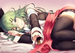  aqua_eyes azumi_akitake bangs black_legwear black_ribbon black_serafuku black_skirt blanket blush breasts commentary detached_sleeves eyes_visible_through_hair green_eyes green_hair hair_between_eyes hair_ornament hair_ribbon hairclip highres kantai_collection long_hair looking_at_viewer lying medium_breasts on_side open_mouth outstretched_arm outstretched_hand parted_bangs pleated_skirt reaching ribbon school_uniform serafuku signature skirt solo thighhighs up_sleeve yamakaze_(kantai_collection) 