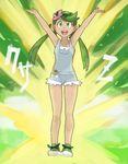  :d bare_arms bare_legs chiimako collarbone dark_skin flower full_body green green_eyes green_footwear green_hair hair_flower hair_ornament headband long_hair looking_up mao_(pokemon) open_mouth overalls pokemon pokemon_(game) pokemon_sm shoes shorts smile solo standing teeth tongue trial_captain twintails z-move 