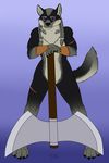  anthro axe bakari canine female fur hair looking_at_viewer mammal melee_weapon scar smile solo standing weapon 