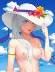  1girl areolae blue_eyes breasts collarbone hair_over_shoulder hat long_hair looking_at_viewer nipples parted_lips rwby simple_background sky weiss_schnee wet white_hair zhao_shixuan 