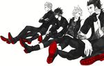  boots commentary crossed_arms ebira final_fantasy final_fantasy_xv freckles gladiolus_amicitia glasses hair_over_one_eye ignis_scientia jacket male_focus md5_mismatch monochrome multiple_boys noctis_lucis_caelum prompto_argentum scar sitting sleeveless smile soles spiked_hair spot_color tattoo vest 