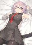  armpits bare_shoulders bed_sheet black-framed_eyewear black_legwear blush breasts closed_mouth commentary_request cowboy_shot eyebrows fate/grand_order fate_(series) glasses highres jonsun looking_at_viewer lying mash_kyrielight medium_breasts nail_polish necktie on_back on_bed pantyhose purple_eyes purple_hair red_neckwear short_hair solo 