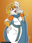  2016 anthro armpits bandage blue_eyes breasts clothed clothing costume crown daclusia female ferret hair hand_on_hip hi_res mammal mustelid open_mouth orange_hair pose simple_background smile solo standing veil voluptuous white_hair wide_hips 