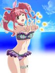  bikini bow breasts brown_eyes day flower frilled_bikini frills hair_bow hair_flower hair_ornament hal-py jewelry large_breasts macross macross_delta makina_nakajima necklace ocean pink_hair sky solo star swimsuit walkure_(macross_delta) 