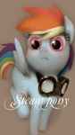  2016 blue_feathers blue_fur ciyuunhe equine eyewear feathered_wings feathers female feral friendship_is_magic frown fur goggles grey_background hair looking_at_viewer mammal multicolored_hair my_little_pony pegasus pink_eyes rainbow_dash_(mlp) simple_background solo spread_wings text wings 