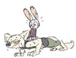  annoyed anthro arctic_fox blush canine clothed clothing disney duo exercise female fox frown judy_hopps lagomorph mammal nobody_(artist) push-up rabbit sitting_on_back skye_(zootopia) smile sweat zootopia 