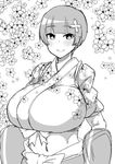  bangs blush breasts dekosukentr eyebrows_visible_through_hair floral_background floral_print flower gauntlets greyscale hair_flower hair_ornament highres huge_breasts japanese_clothes kimono looking_at_viewer midriff monochrome navel ribbon senran_kagura smile solo upper_body yozakura_(senran_kagura) 