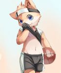  anthro basketball blue_eyes canine clothed clothing clothing_lift cub dog fur headband looking_at_viewer male mammal moki navel nipples shirt shirt_lift shorts simple_background smile solo standing sweat tan_fur white_background young 