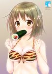  artist_name bangs blush breast_press breasts brown_eyes brown_hair circle_name cleavage ehoumaki flower food front-tie_bikini front-tie_top gradient gradient_background hair_flower hair_ornament idolmaster idolmaster_cinderella_girls kisaragi_miyu looking_at_viewer makizushi medium_breasts mimura_kanako mouth_hold short_hair solo standing sushi sweat tiger_stripes upper_body watermark 