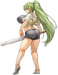  ass blush breasts butt_crack cropped_jacket from_side full_body green_hair highres holding holding_sword holding_weapon large_breasts long_hair original perky_breasts ponytail sachito shiny shiny_clothes shoes short_shorts shorts simple_background solo sumi-chan_(sachito) sword thick_thighs thighs very_long_hair weapon white_background white_footwear yellow_eyes 